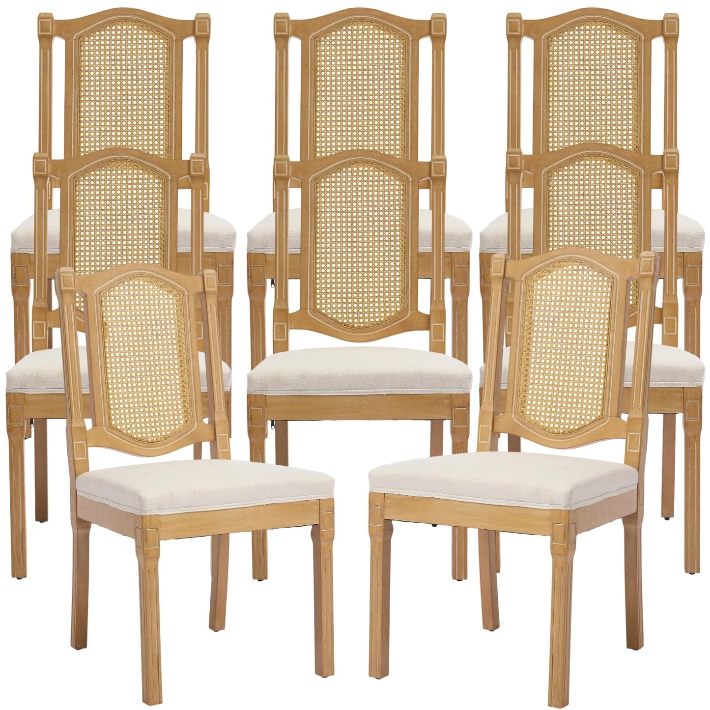 French Country Dining Chairs Set of 6, Ivory Boho Style Woven Back Kitchen Chairs, Linen Upholstered Seats with Wood Legs for Kitchen & Dining Room, Sillas de Comedor (Beige, 6Pcs)