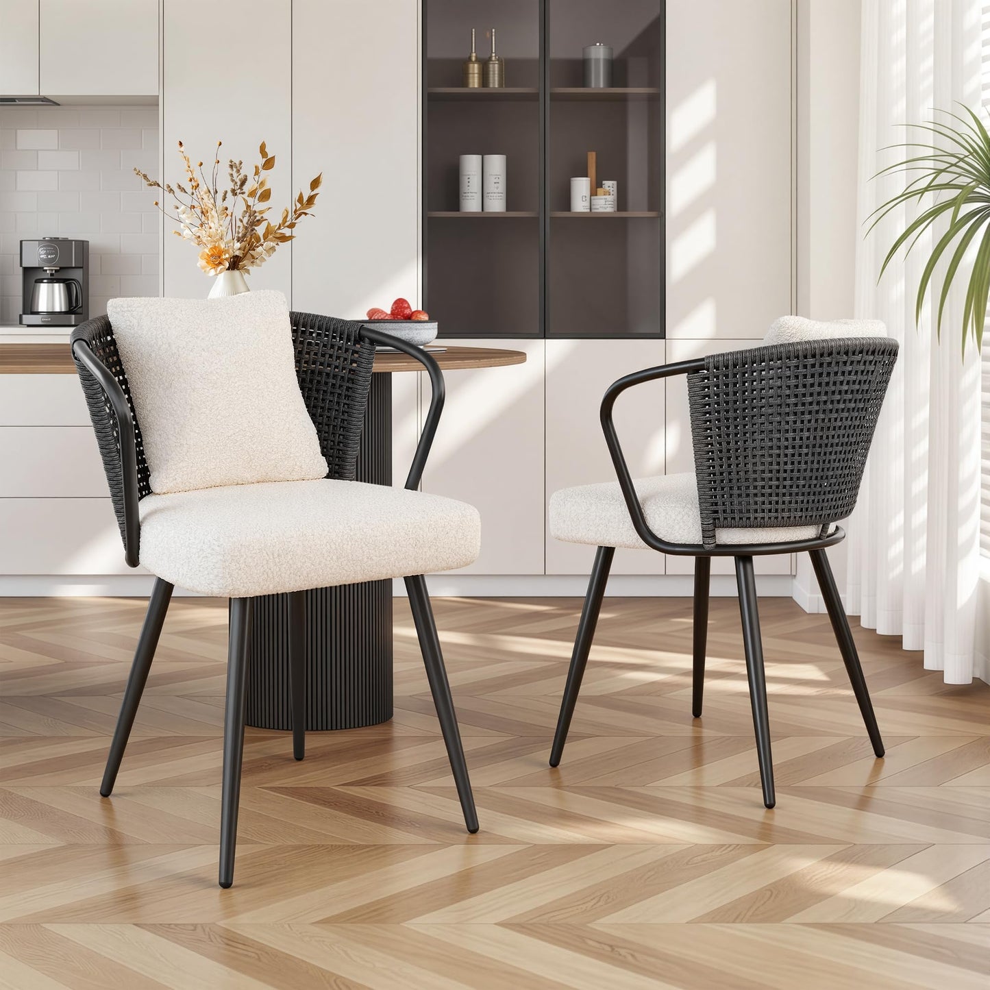 Rattan Dining Chairs Set of 2, Upholstered Kitchen Chair with Metal Legs, Ergonomic Curved Backrest, Mid Century Modern Living Room Chairs with Throw Pillow, Natural