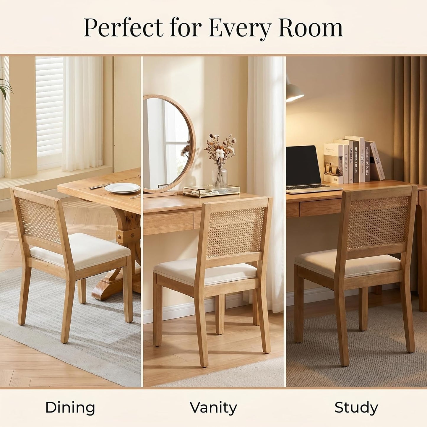 STHOUYN White Rattan Dining Chairs Set of 4 Solid Wood Frame, White Upholstered Seat Kitchen Chairs for Dining Room, Mid Century Modern Farmhouse Style, Comfortable Padded with Natural Finish