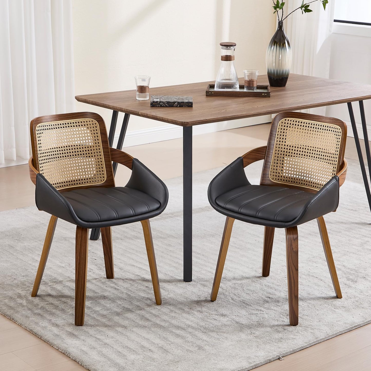 VipDesk Dining Chairs Set of 2, Mid Century Modern Dining Room Chairs with Arms and Rattan Back PU Leather Upholstered Bentwood Kitchen Chairs for Home Restaurant Office - Beige