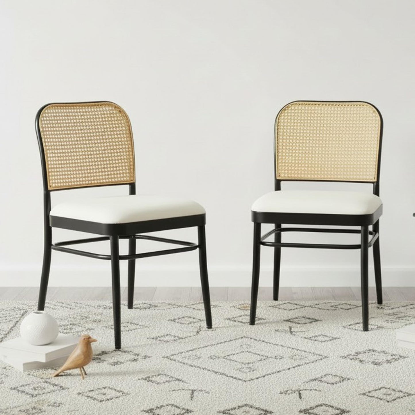 Rattan Dining Chairs Set of 4, Upholstered Faux Leather Dining Chairs with Cane Back, Mid Century Modern Kitchen & Dining Room Chairs, Boho Style, Black