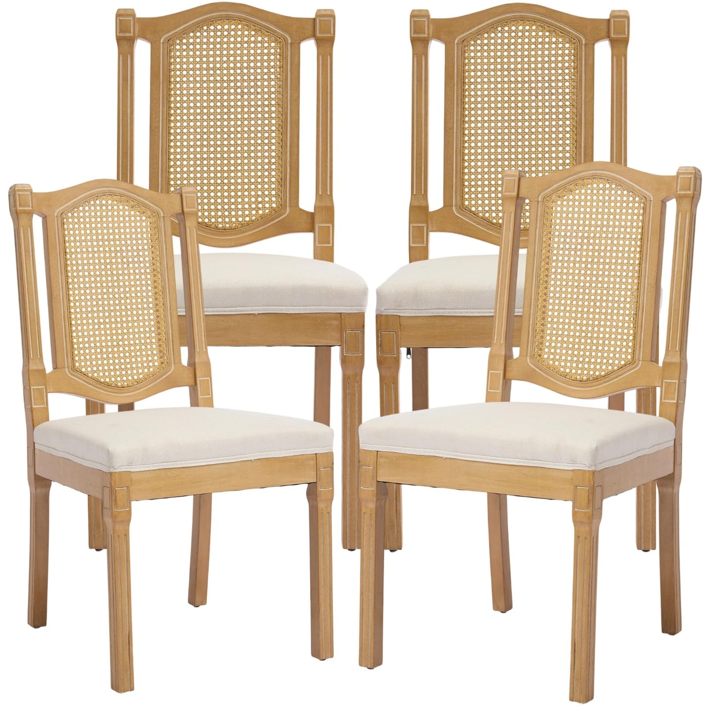 French Country Dining Chairs Set of 6, Ivory Boho Style Woven Back Kitchen Chairs, Linen Upholstered Seats with Wood Legs for Kitchen & Dining Room, Sillas de Comedor (Beige, 6Pcs)