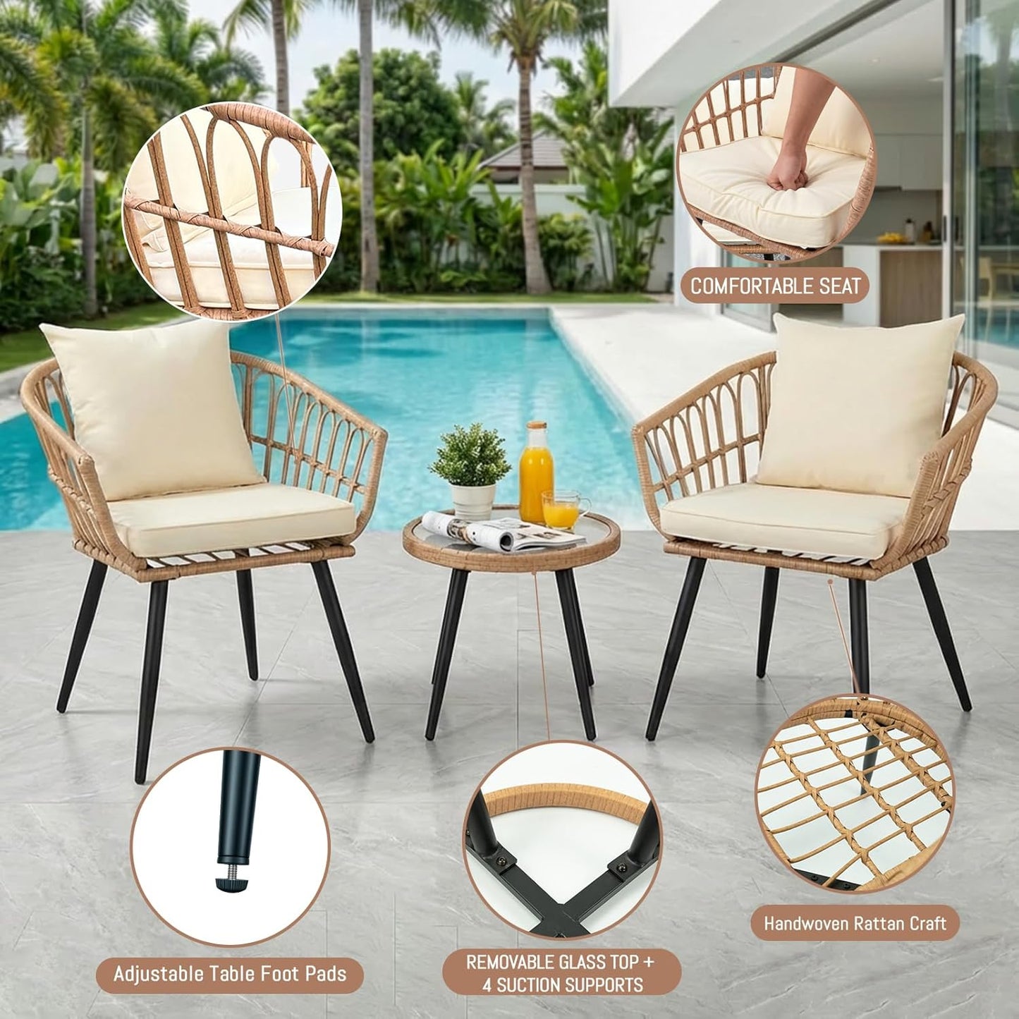 3-Piece Beige Wicker Bistro Set All-Weather Outdoor Patio Furniture