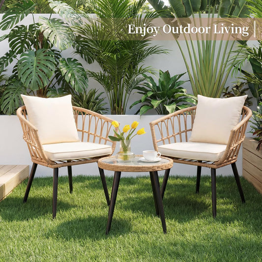3 Piece Patio Furniture Set, All-Weather Wicker Outdoor Furniture, Steel Frame Balcony Set with Glass Table, Patio Set for Porch Backyard