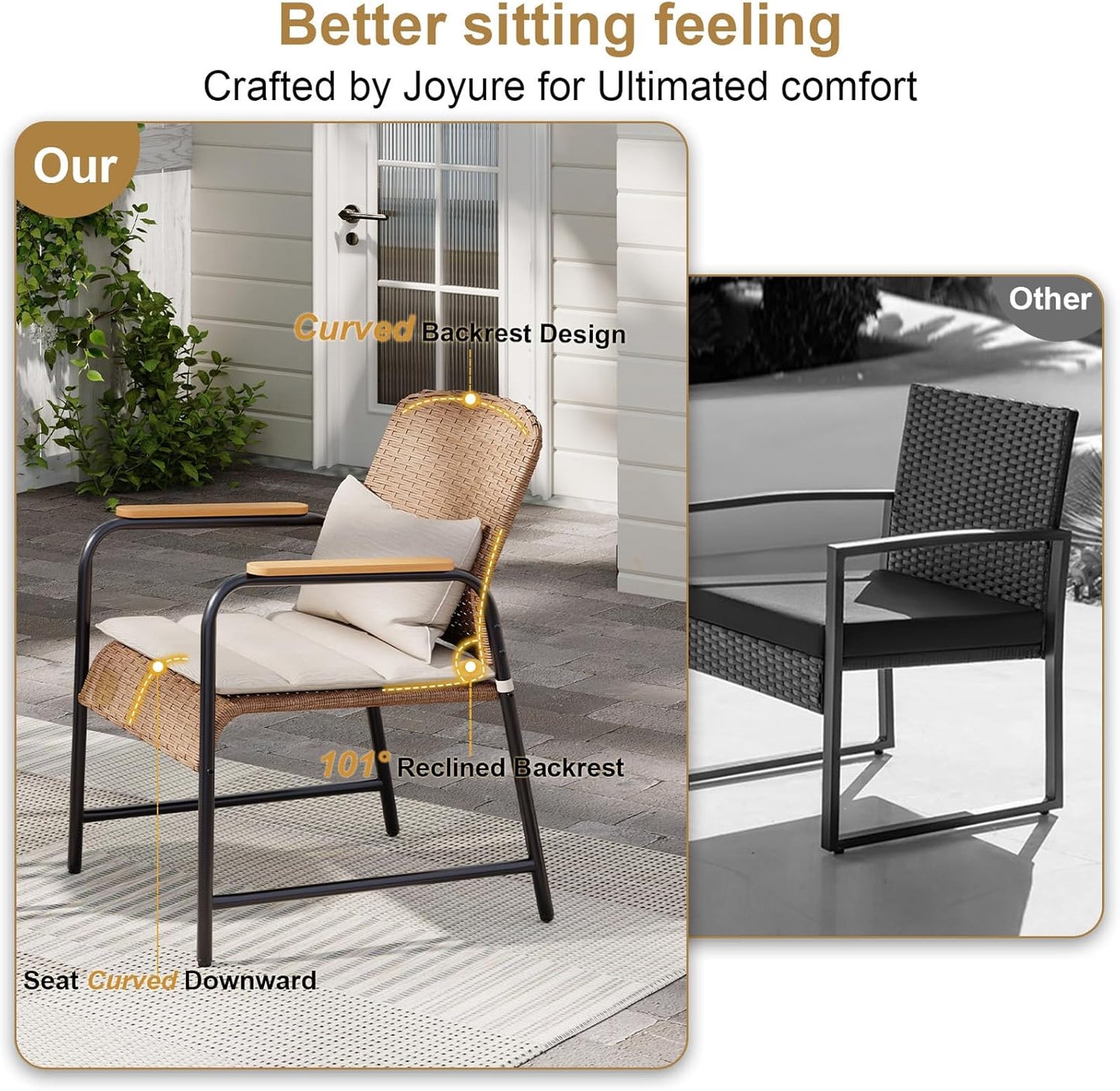 JOYURE 3 Pieces Outdoor Patio Furniture Set,All-Weather Wicker Rattan Bistro Set with Coffee Table and Cushions for Yard,Garden,Balcony,Beige