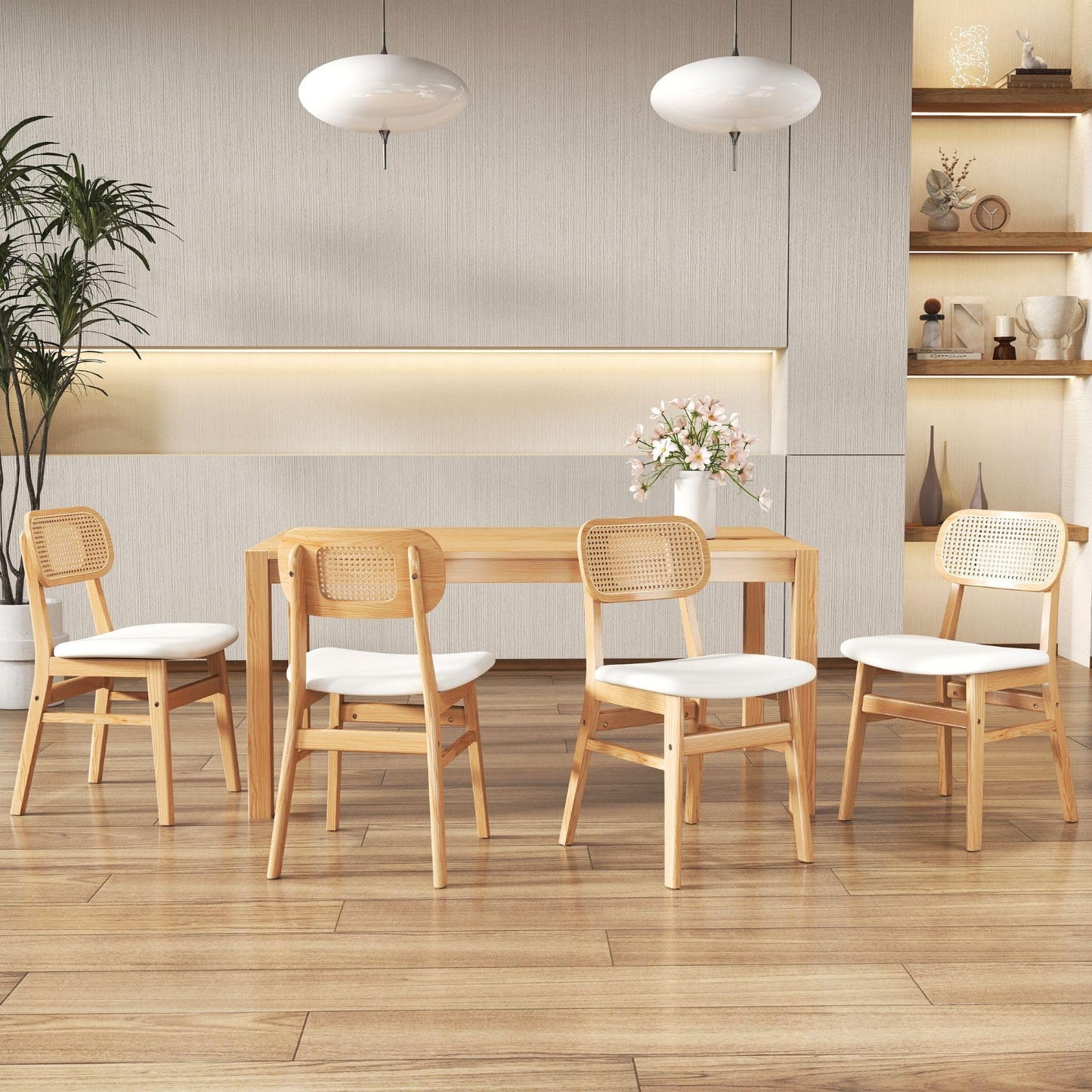 ROCITY Rattan Dining Chairs Set of 2 Beige Linen Fabric Dining Room Chairs Natural Wooden Kitchen Chairs Farmhouse Boho
