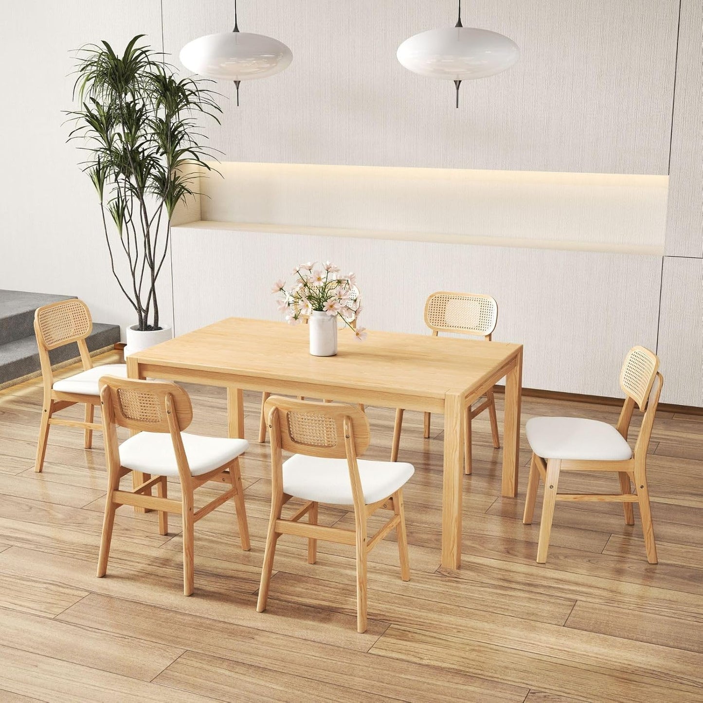 ROCITY Rattan Dining Chairs Set of 2 Beige Linen Fabric Dining Room Chairs Natural Wooden Kitchen Chairs Farmhouse Boho