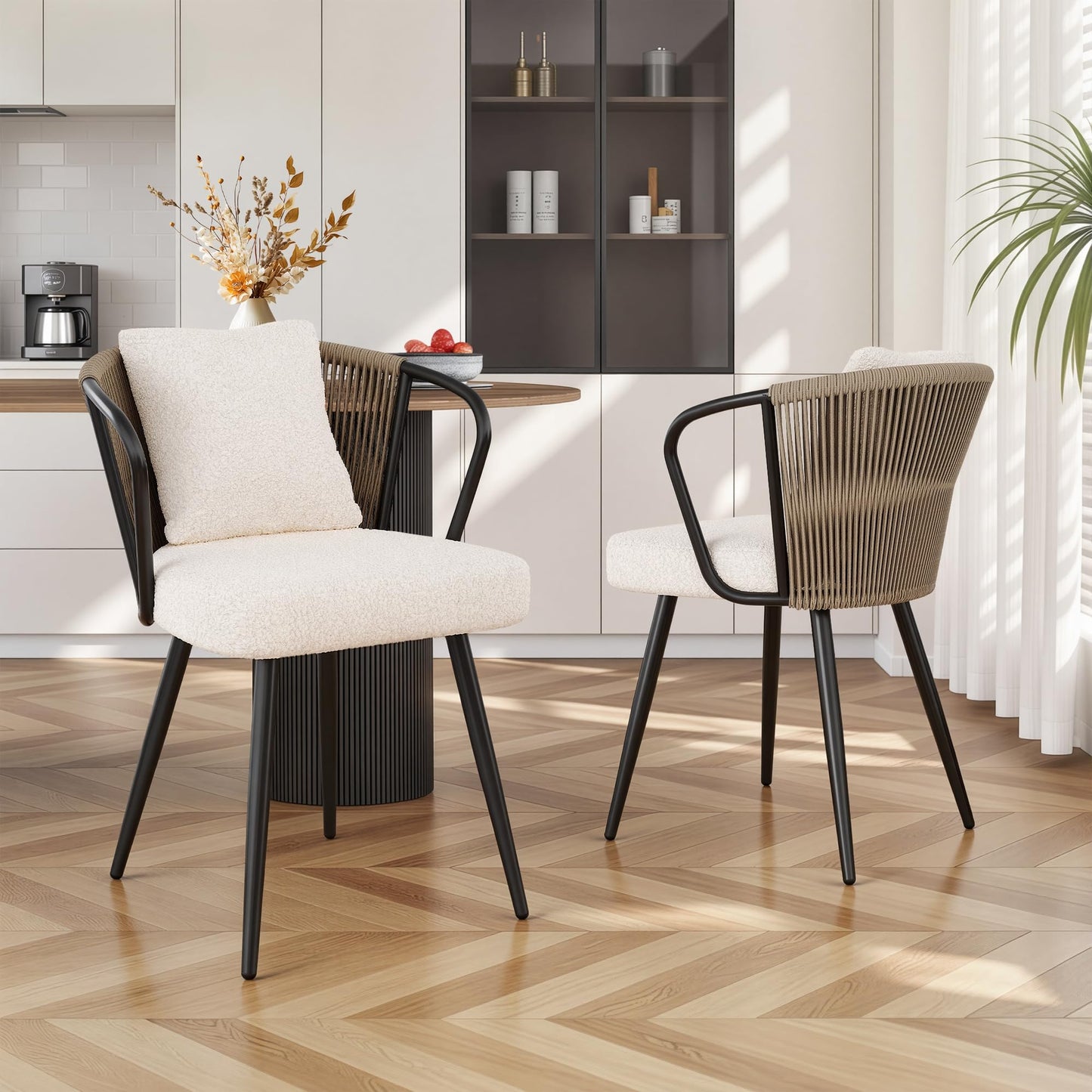 Rattan Dining Chairs Set of 2, Upholstered Kitchen Chair with Metal Legs, Ergonomic Curved Backrest, Mid Century Modern Living Room Chairs with Throw Pillow, Natural