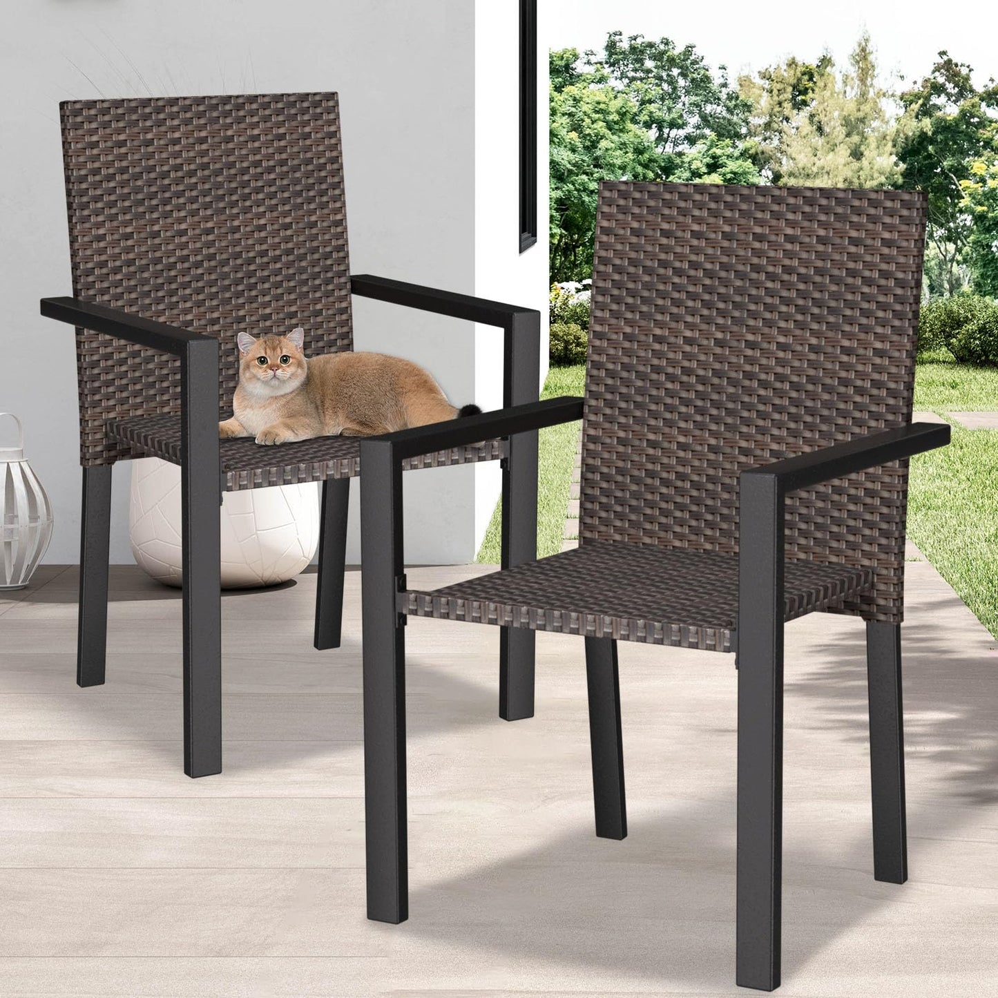 Stackable Patio Chairs Set of 4, Wicker Outdoor Dining Chair, All-Weather Rattan Patio Dining Sets with Deep Seat for Patio, Garden, Lawn, Firepit, Black