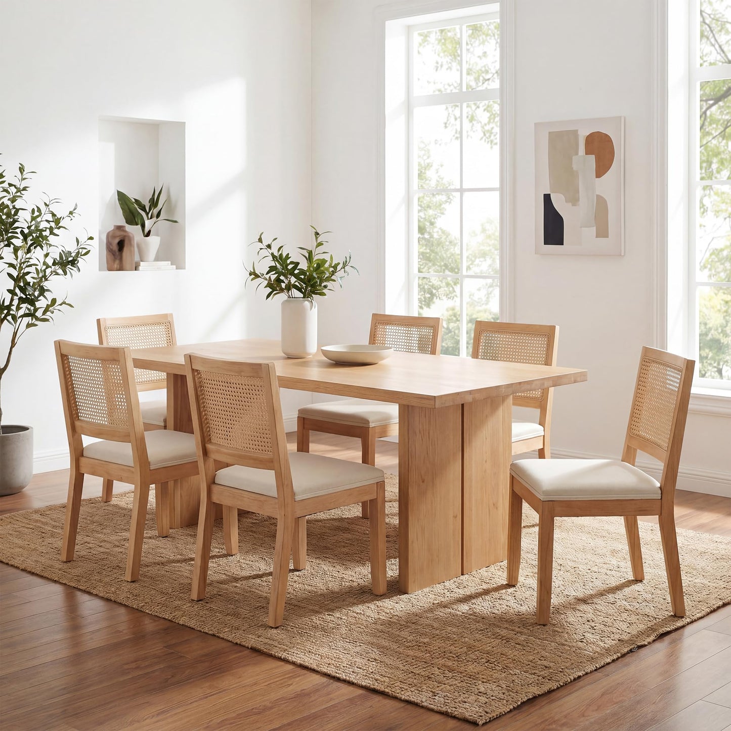 STHOUYN White Rattan Dining Chairs Set of 4 Solid Wood Frame, White Upholstered Seat Kitchen Chairs for Dining Room, Mid Century Modern Farmhouse Style, Comfortable Padded with Natural Finish