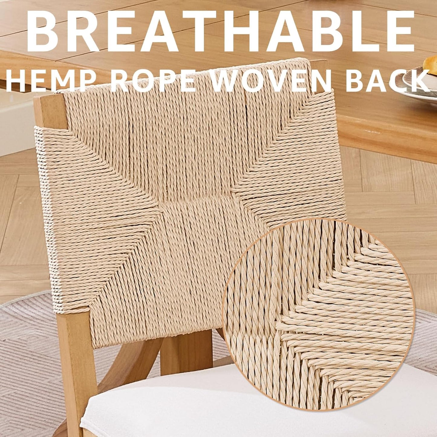 French Country Dining Chairs Set of 6, Ivory Boho Style Woven Back Kitchen Chairs, Linen Upholstered Seats with Wood Legs for Kitchen & Dining Room, Sillas de Comedor (Beige, 6Pcs)