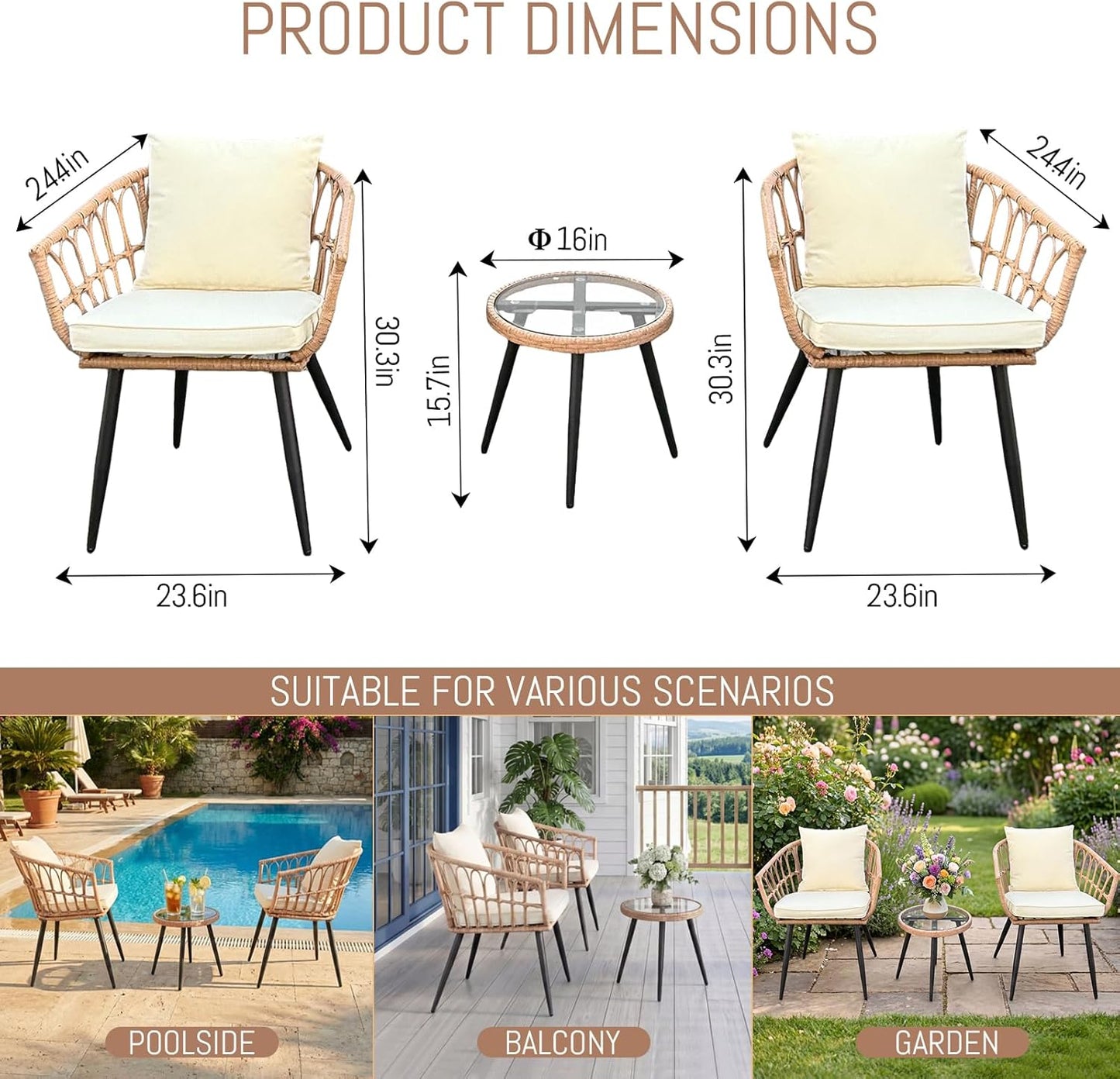 3-Piece Beige Wicker Bistro Set All-Weather Outdoor Patio Furniture