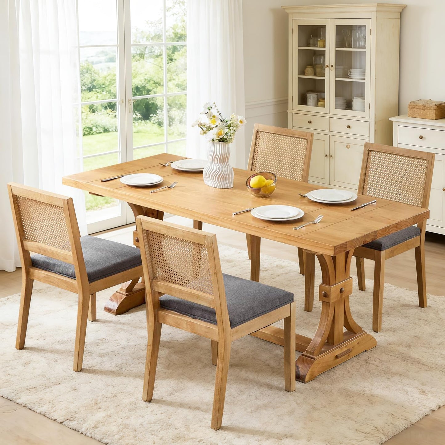 Rattan Dining Chairs Set of 4, French Country Cane Back Upholstered Kitchen Chairs, Solid Wood Farmhouse Side Chairs, Beige