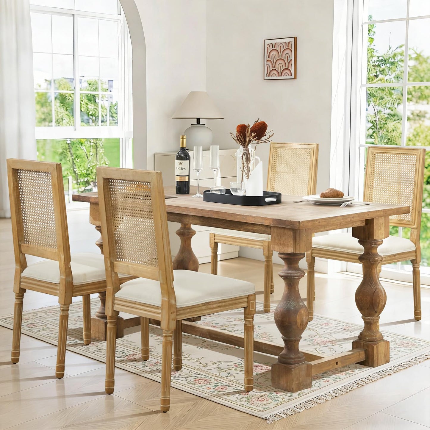 Rattan Dining Chairs Set of 4, French Country Cane Back Upholstered Kitchen Chairs, Solid Wood Farmhouse Side Chairs, Beige