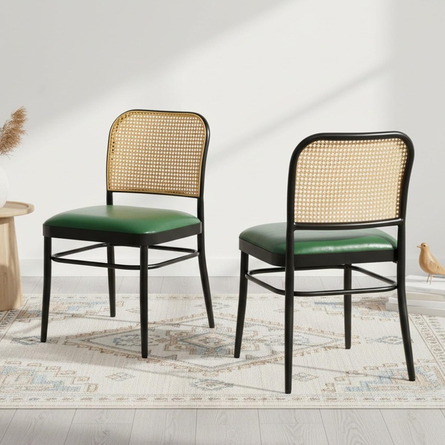 Rattan Dining Chairs Set of 4, Upholstered Faux Leather Dining Chairs with Cane Back, Mid Century Modern Kitchen & Dining Room Chairs, Boho Style, Black
