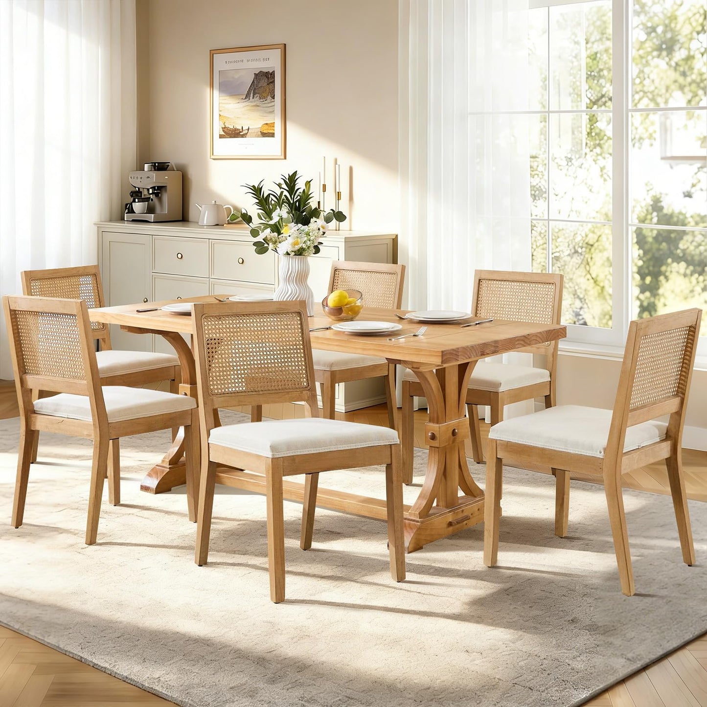 Rattan Dining Chairs Set of 4, French Country Cane Back Upholstered Kitchen Chairs, Solid Wood Farmhouse Side Chairs, Beige