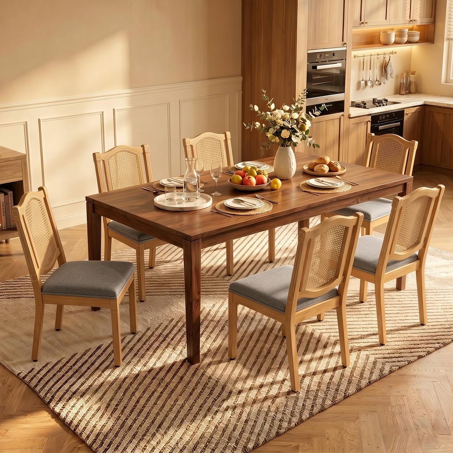 Farmhouse Dining Chairs Set of 4, French Country Woven Kitchen & Dining Room Chairs, Boho Woven Back Linen Upholstered Kitchen Chair, Solid Wood Frame, Sillas de Comedor (Beige, Woven, 4 Pcs)