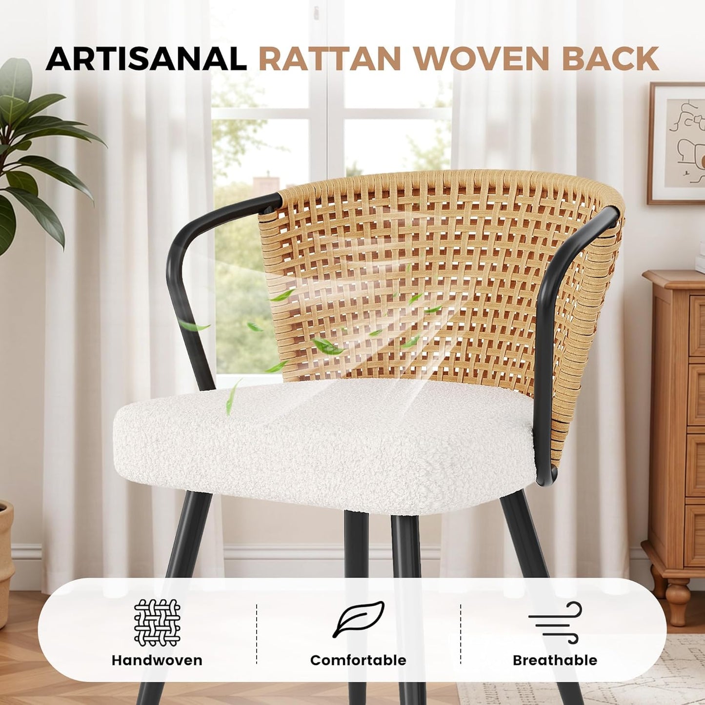 Rattan Dining Chairs Set of 2, Upholstered Kitchen Chair with Metal Legs, Ergonomic Curved Backrest, Mid Century Modern Living Room Chairs with Throw Pillow, Natural