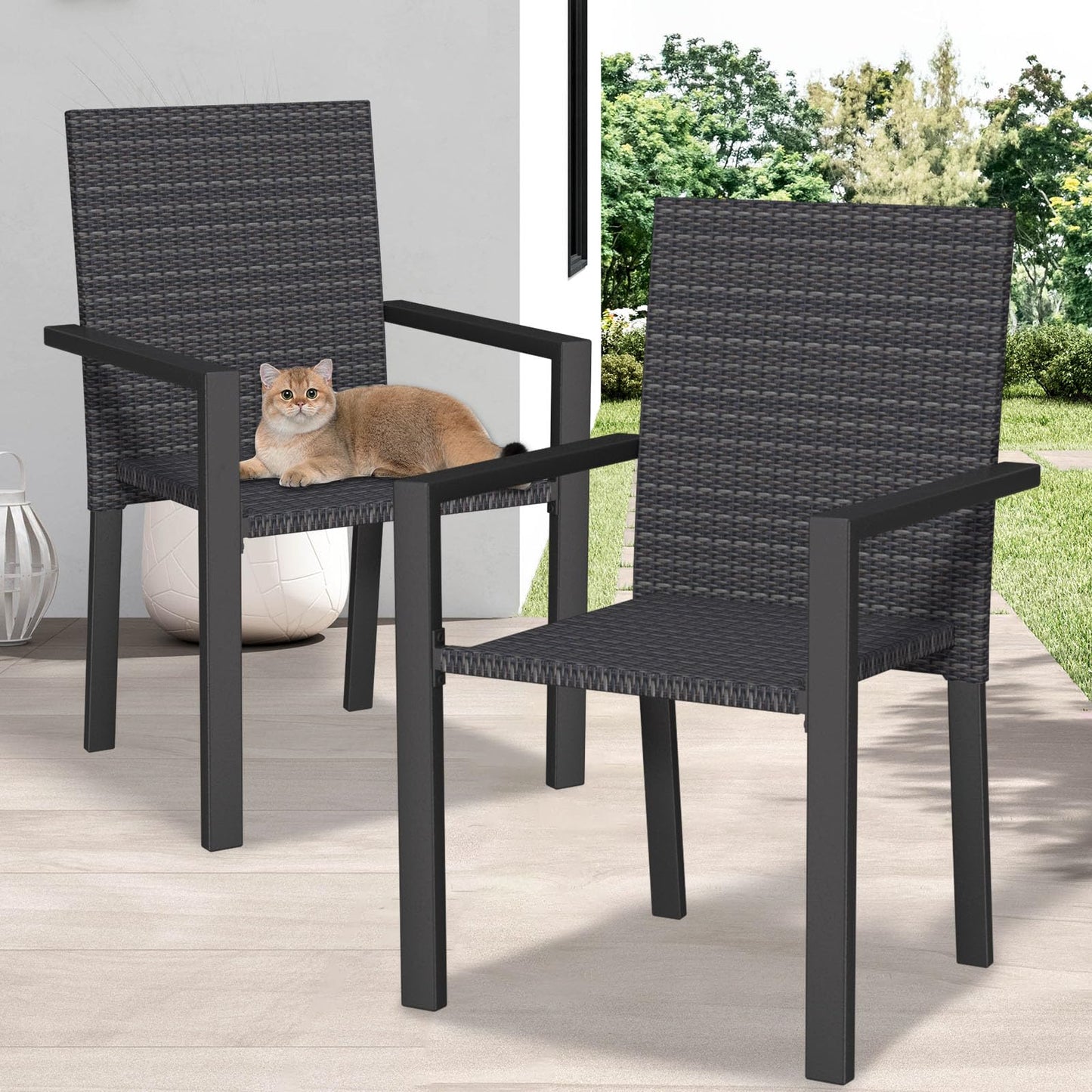 Stackable Patio Chairs Set of 4, Wicker Outdoor Dining Chair, All-Weather Rattan Patio Dining Sets with Deep Seat for Patio, Garden, Lawn, Firepit, Black