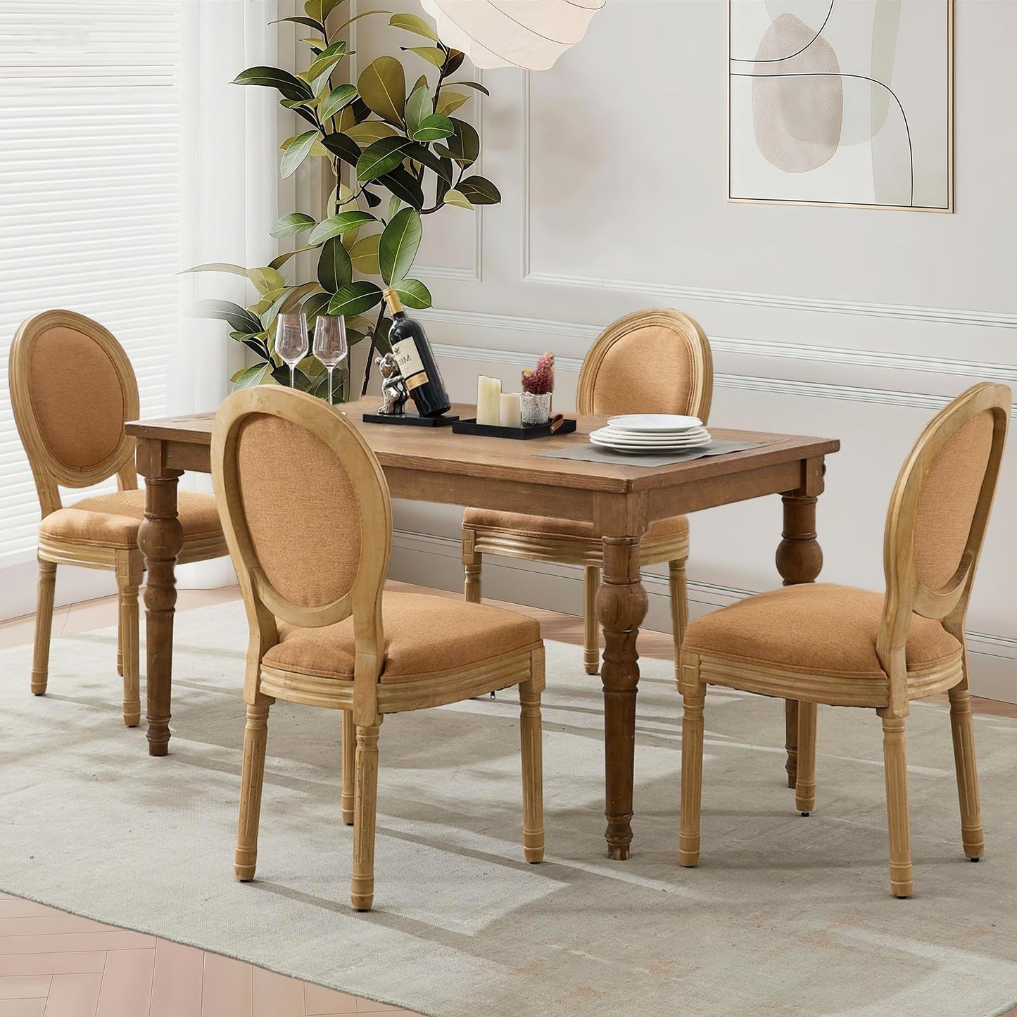 Rattan Dining Chairs Set of 4, French Country Cane Back Upholstered Kitchen Chairs, Solid Wood Farmhouse Side Chairs, Beige