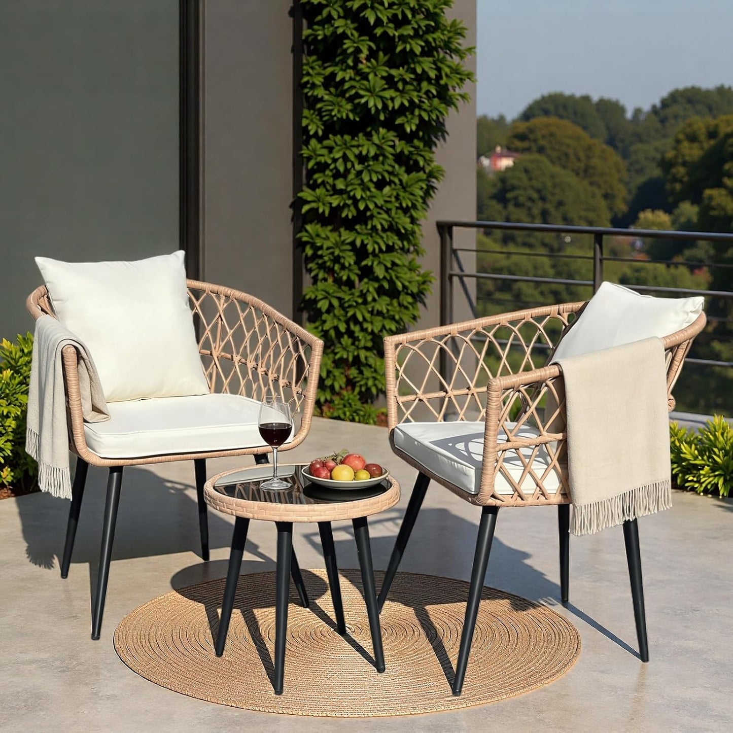 3 Piece Outdoor Bistro Set, All-Weather Wicker Patio Furniture Set, for Backyard, Balcony and Deck with Soft Cushions, Glass Side Table(Beige)
