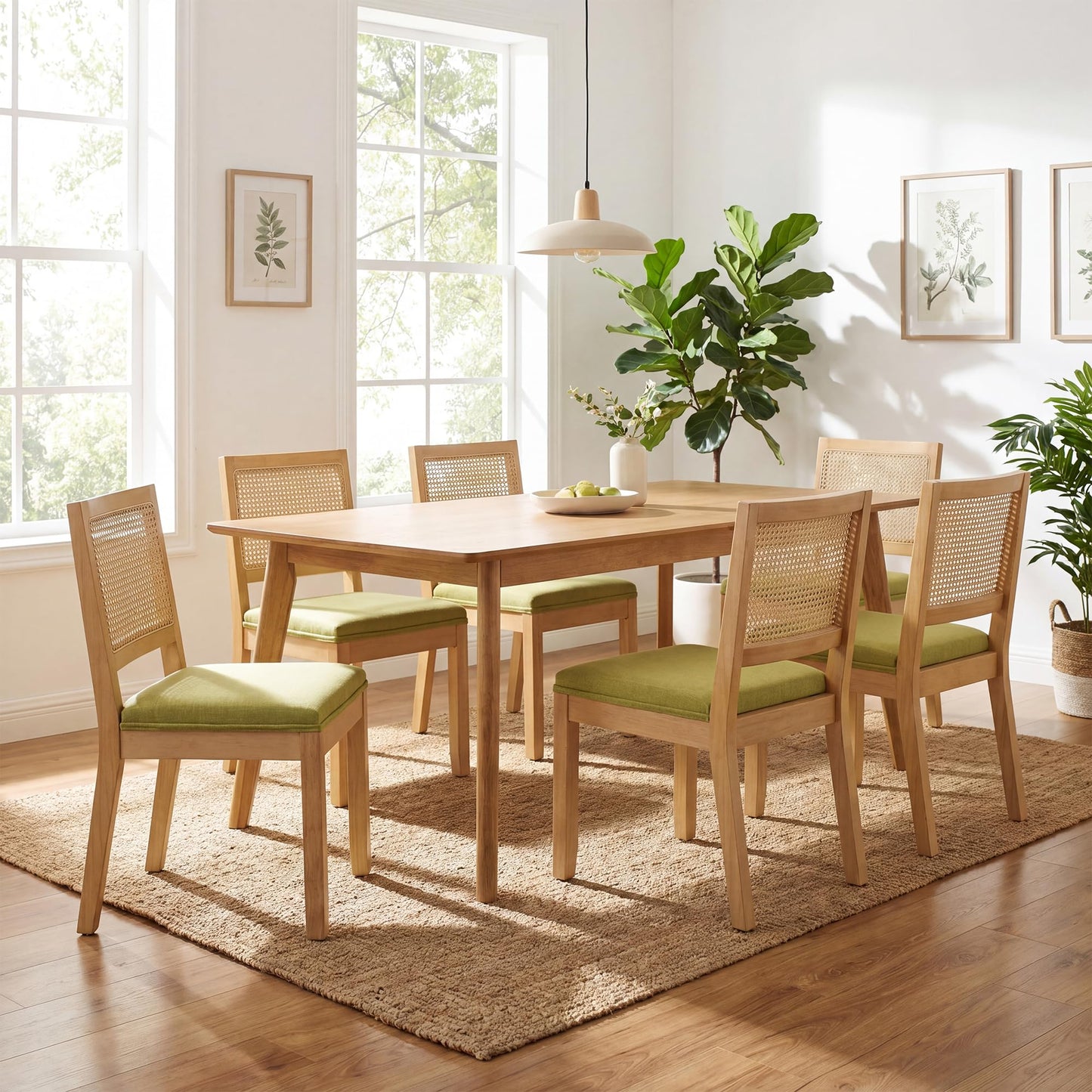 STHOUYN White Rattan Dining Chairs Set of 4 Solid Wood Frame, White Upholstered Seat Kitchen Chairs for Dining Room, Mid Century Modern Farmhouse Style, Comfortable Padded with Natural Finish