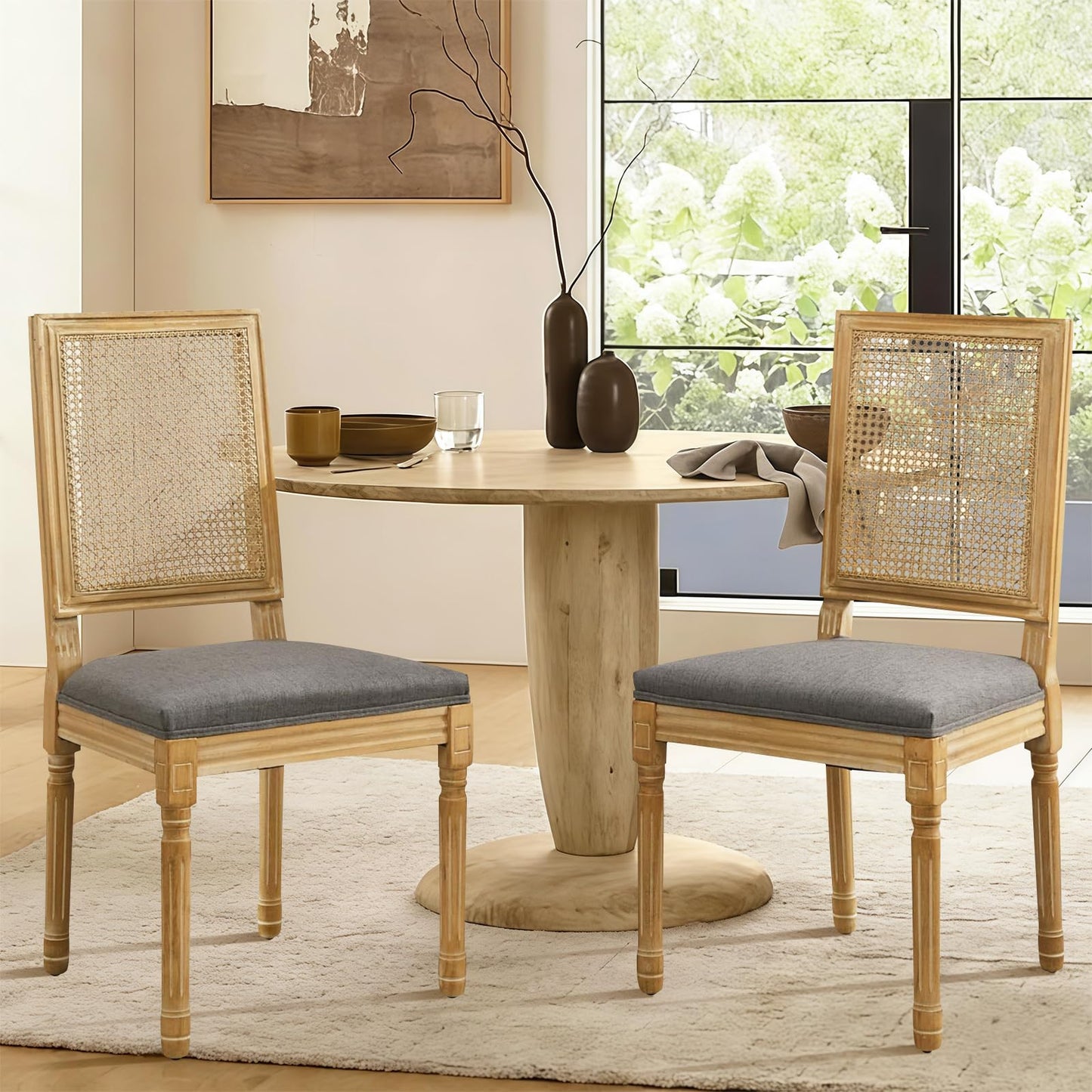 Rattan Dining Chairs Set of 4, French Country Cane Back Upholstered Kitchen Chairs, Solid Wood Farmhouse Side Chairs, Beige