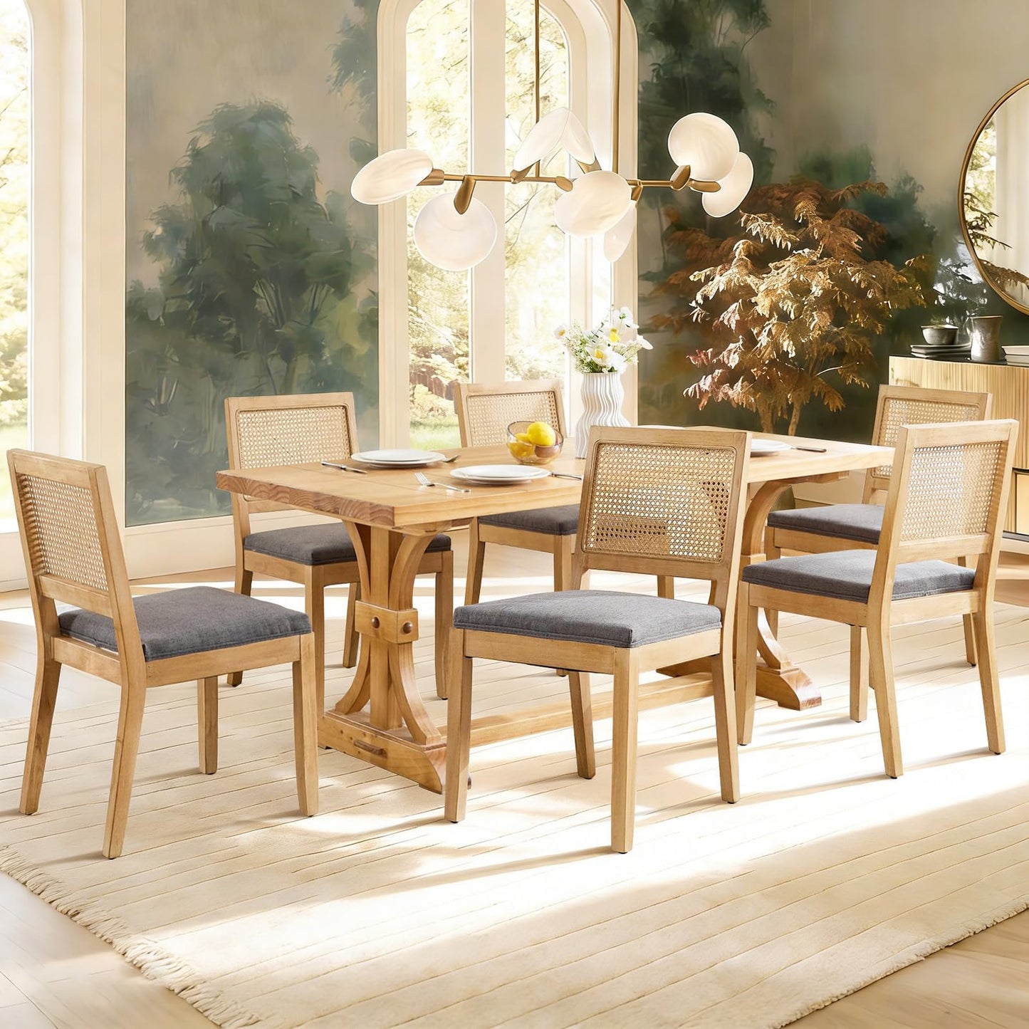 Rattan Dining Chairs Set of 4, French Country Cane Back Upholstered Kitchen Chairs, Solid Wood Farmhouse Side Chairs, Beige