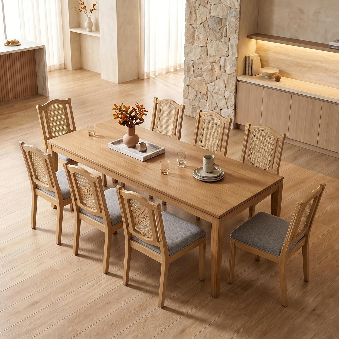Farmhouse Dining Chairs Set of 4, French Country Woven Kitchen & Dining Room Chairs, Boho Woven Back Linen Upholstered Kitchen Chair, Solid Wood Frame, Sillas de Comedor (Beige, Woven, 4 Pcs)