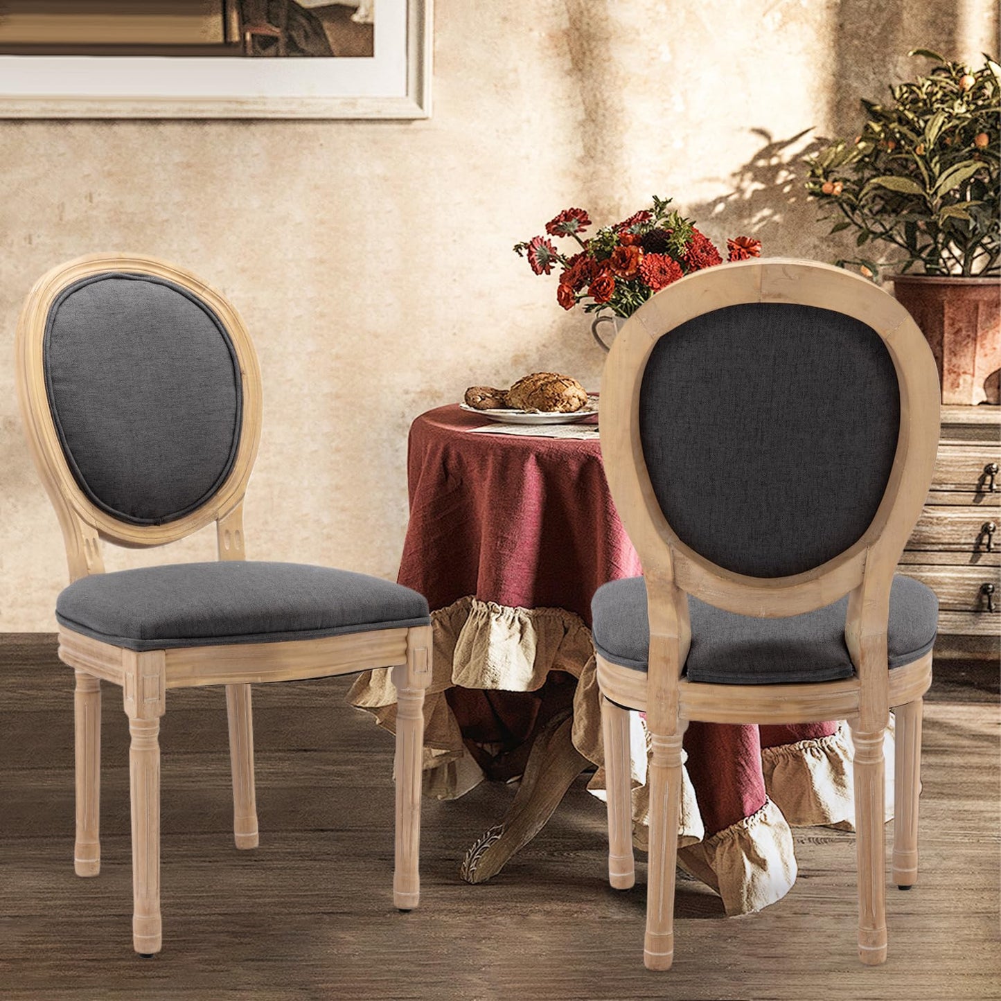 Rattan Dining Chairs Set of 4, French Country Cane Back Upholstered Kitchen Chairs, Solid Wood Farmhouse Side Chairs, Beige