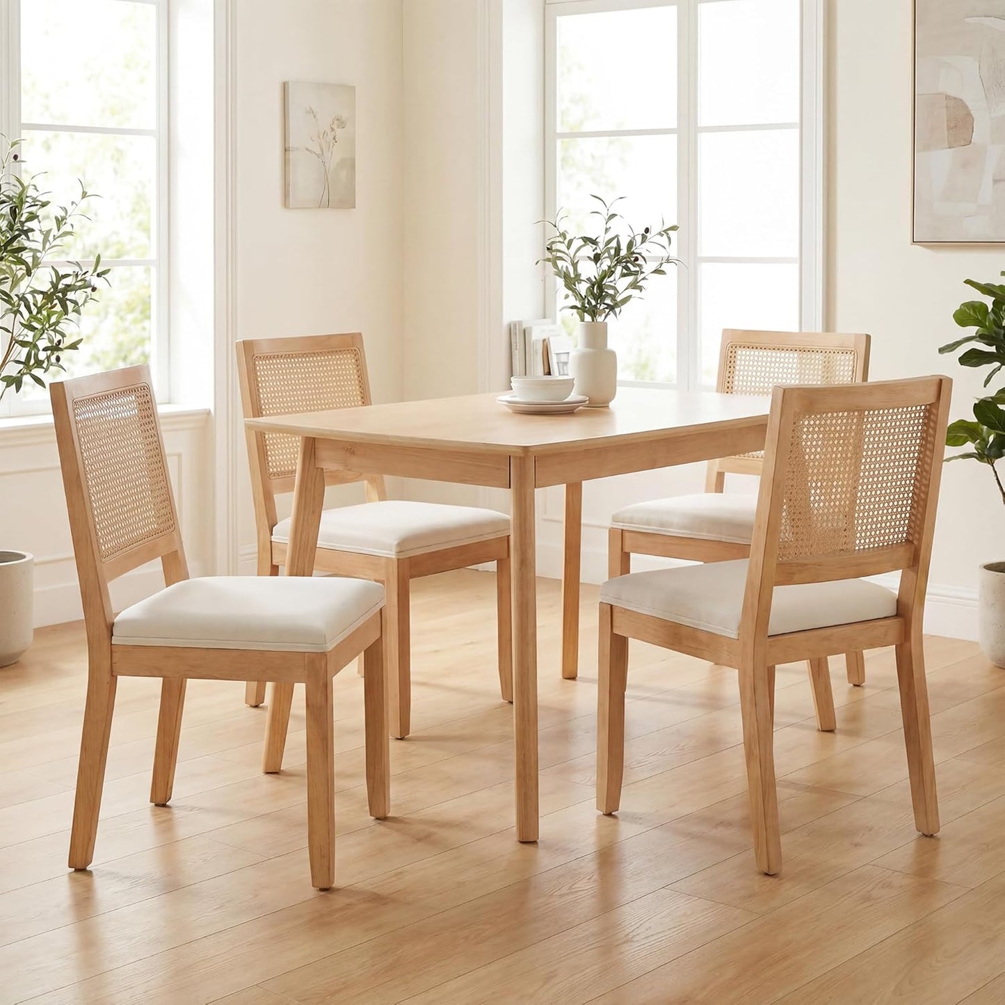 STHOUYN White Rattan Dining Chairs Set of 4 Solid Wood Frame, White Upholstered Seat Kitchen Chairs for Dining Room, Mid Century Modern Farmhouse Style, Comfortable Padded with Natural Finish