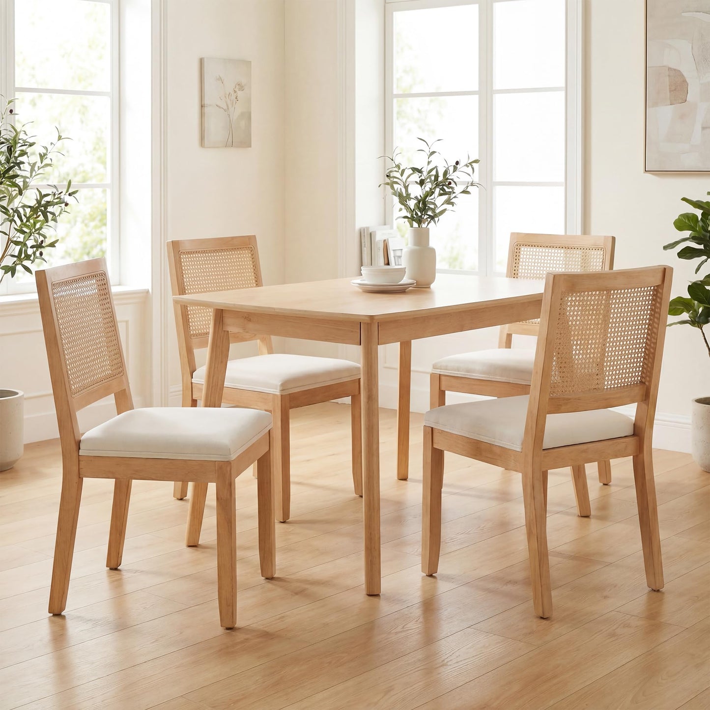 STHOUYN White Rattan Dining Chairs Set of 4 Solid Wood Frame, White Upholstered Seat Kitchen Chairs for Dining Room, Mid Century Modern Farmhouse Style, Comfortable Padded with Natural Finish