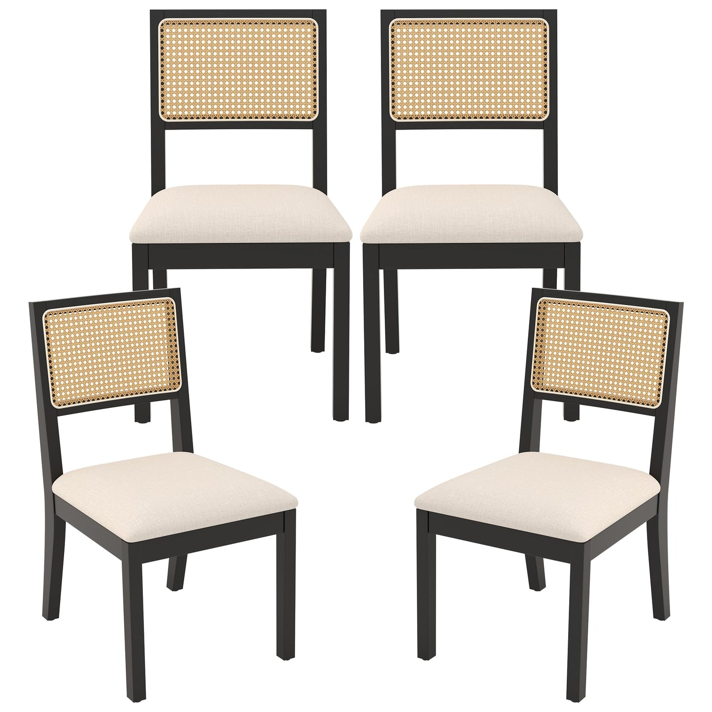 Westice Rattan Dining Chairs Set of 4, Farmhouse Natural Dining Room Chairs with Upholstered Cushion, Wood Armless Chairs for Kitchen/Restaurant