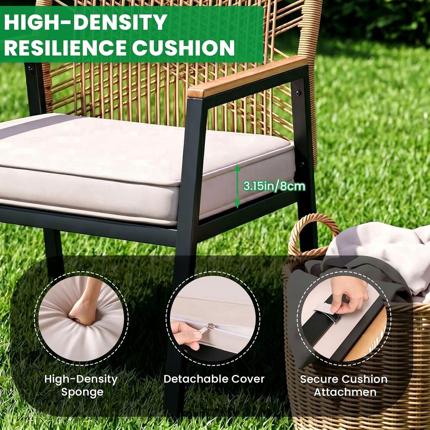 LIFERUN 3-Piece Patio Furniture Set, Outdoor Rattan Chairs with Table, Garden Set with 3.15in Thick Cushions, WPC Armrest, for Balcony, Backyard, Terrace, Beige