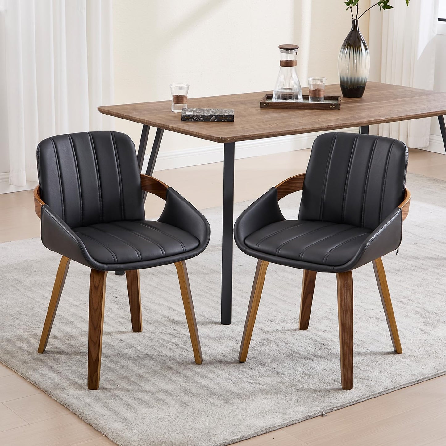 VipDesk Dining Chairs Set of 2, Mid Century Modern Dining Room Chairs with Arms and Rattan Back PU Leather Upholstered Bentwood Kitchen Chairs for Home Restaurant Office - Beige