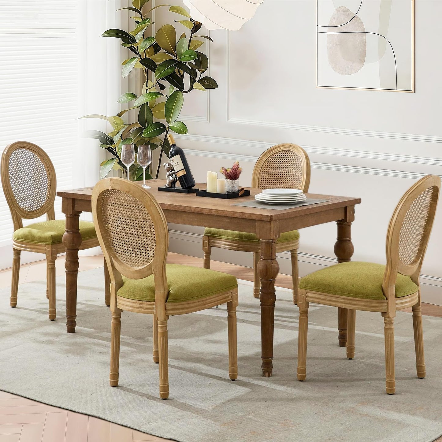 Rattan Dining Chairs Set of 4, French Country Cane Back Upholstered Kitchen Chairs, Solid Wood Farmhouse Side Chairs, Beige