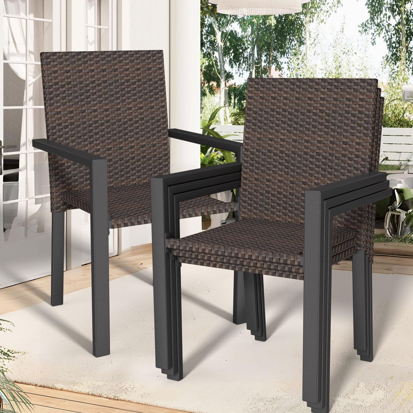 Stackable Patio Chairs Set of 4, Wicker Outdoor Dining Chair, All-Weather Rattan Patio Dining Sets with Deep Seat for Patio, Garden, Lawn, Firepit, Black