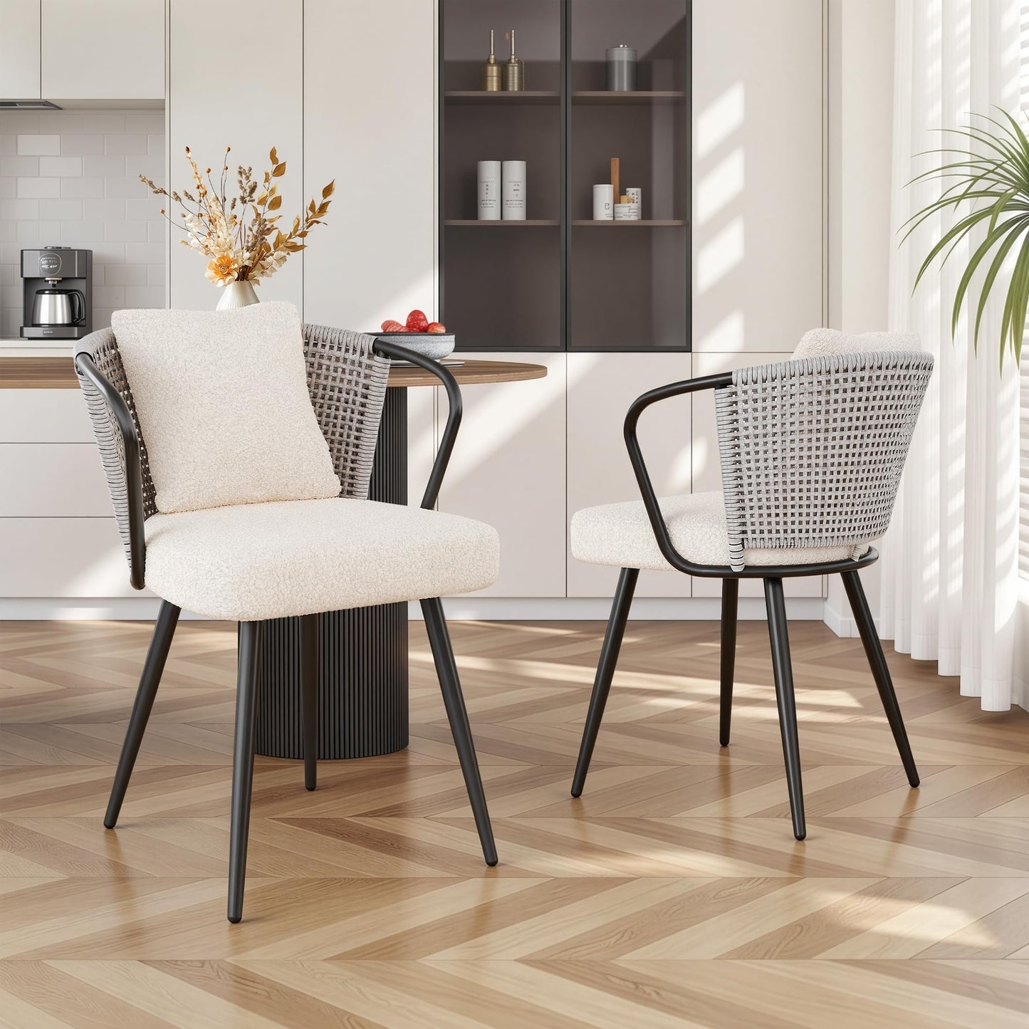 Rattan Dining Chairs Set of 2, Upholstered Kitchen Chair with Metal Legs, Ergonomic Curved Backrest, Mid Century Modern Living Room Chairs with Throw Pillow, Natural