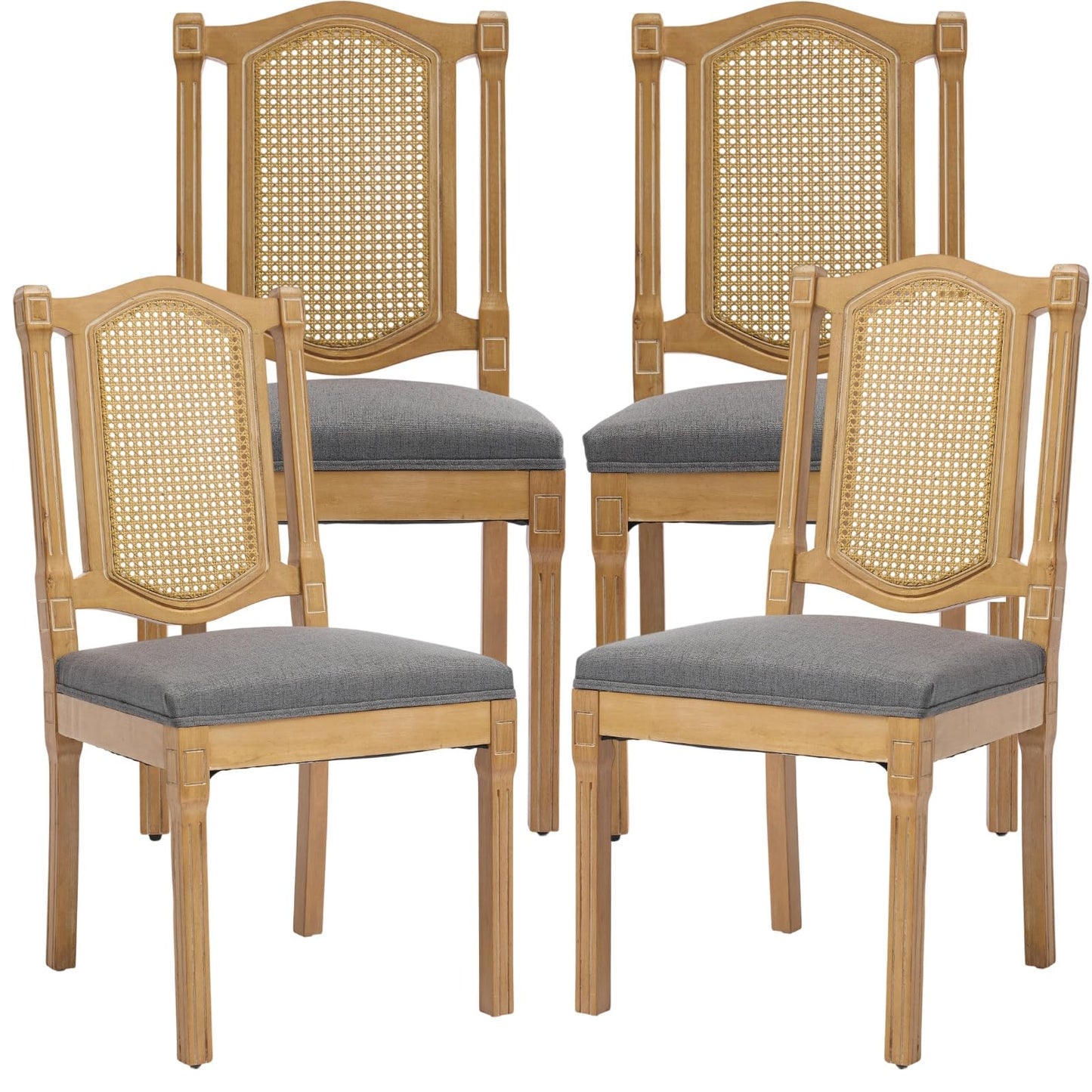 French Country Dining Chairs Set of 6, Ivory Boho Style Woven Back Kitchen Chairs, Linen Upholstered Seats with Wood Legs for Kitchen & Dining Room, Sillas de Comedor (Beige, 6Pcs)