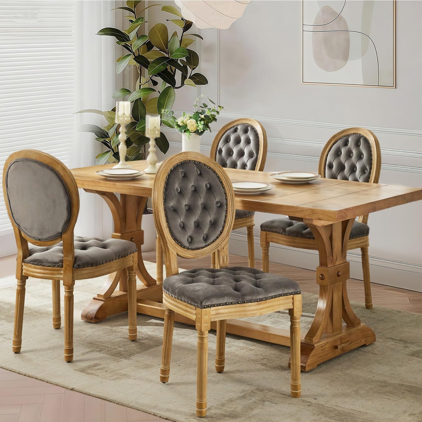 Rattan Dining Chairs Set of 4, French Country Cane Back Upholstered Kitchen Chairs, Solid Wood Farmhouse Side Chairs, Beige