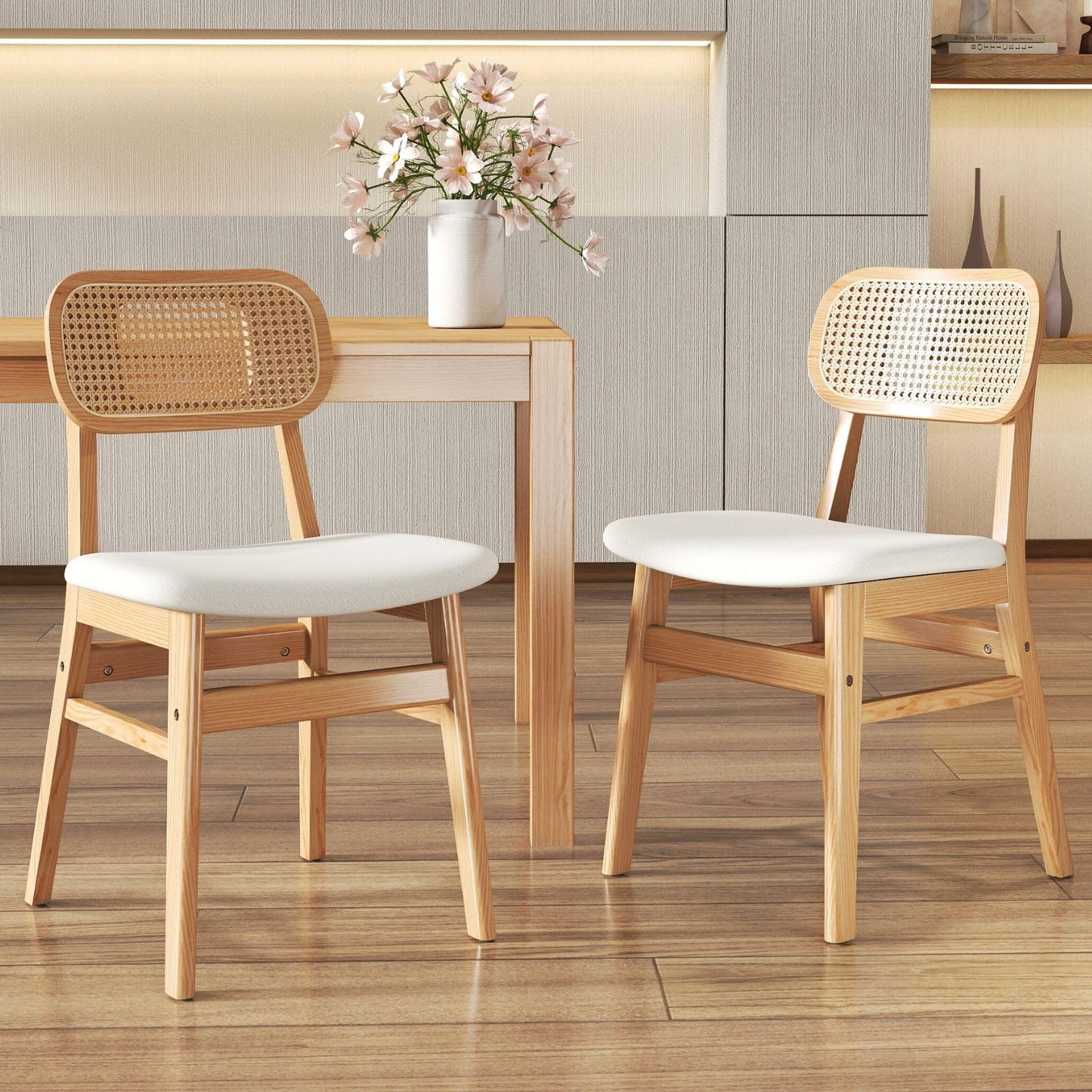 ROCITY Rattan Dining Chairs Set of 2 Beige Linen Fabric Dining Room Chairs Natural Wooden Kitchen Chairs Farmhouse Boho