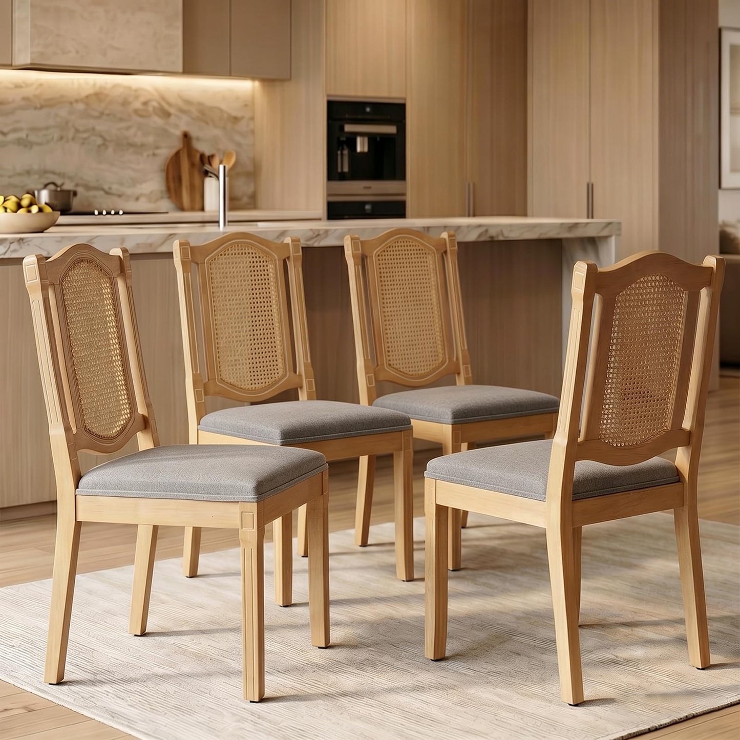 Farmhouse Dining Chairs Set of 4, French Country Woven Kitchen & Dining Room Chairs, Boho Woven Back Linen Upholstered Kitchen Chair, Solid Wood Frame, Sillas de Comedor (Beige, Woven, 4 Pcs)