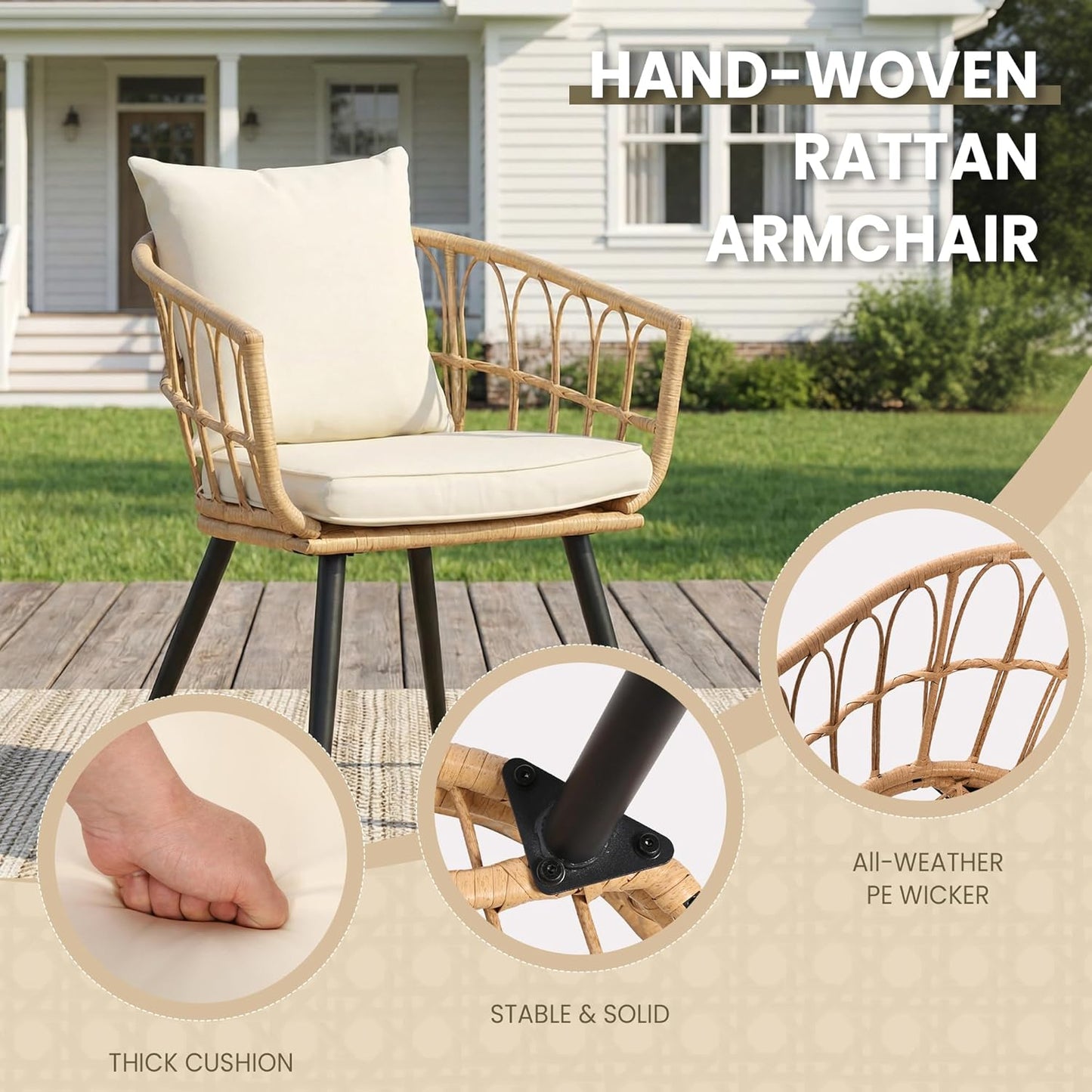FHFO 5 Piece Patio Bistro Set with Ottoman, Outdoor Wicker Furniture Set, Rattan Balcony Furniture for Apartment, Garden, Porch, Backyard, Poolside, Natural-Beige