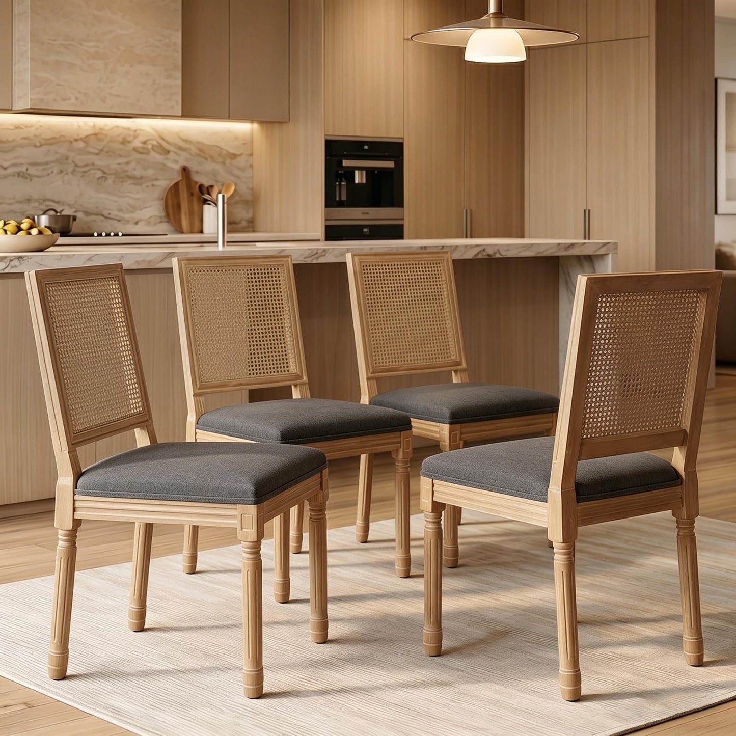 Farmhouse Dining Chairs Set of 4, French Country Woven Kitchen & Dining Room Chairs, Boho Woven Back Linen Upholstered Kitchen Chair, Solid Wood Frame, Sillas de Comedor (Beige, Woven, 4 Pcs)