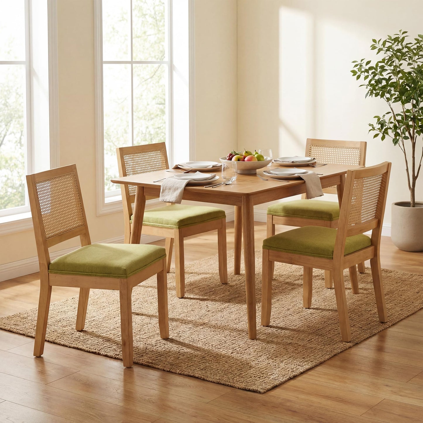 STHOUYN White Rattan Dining Chairs Set of 4 Solid Wood Frame, White Upholstered Seat Kitchen Chairs for Dining Room, Mid Century Modern Farmhouse Style, Comfortable Padded with Natural Finish