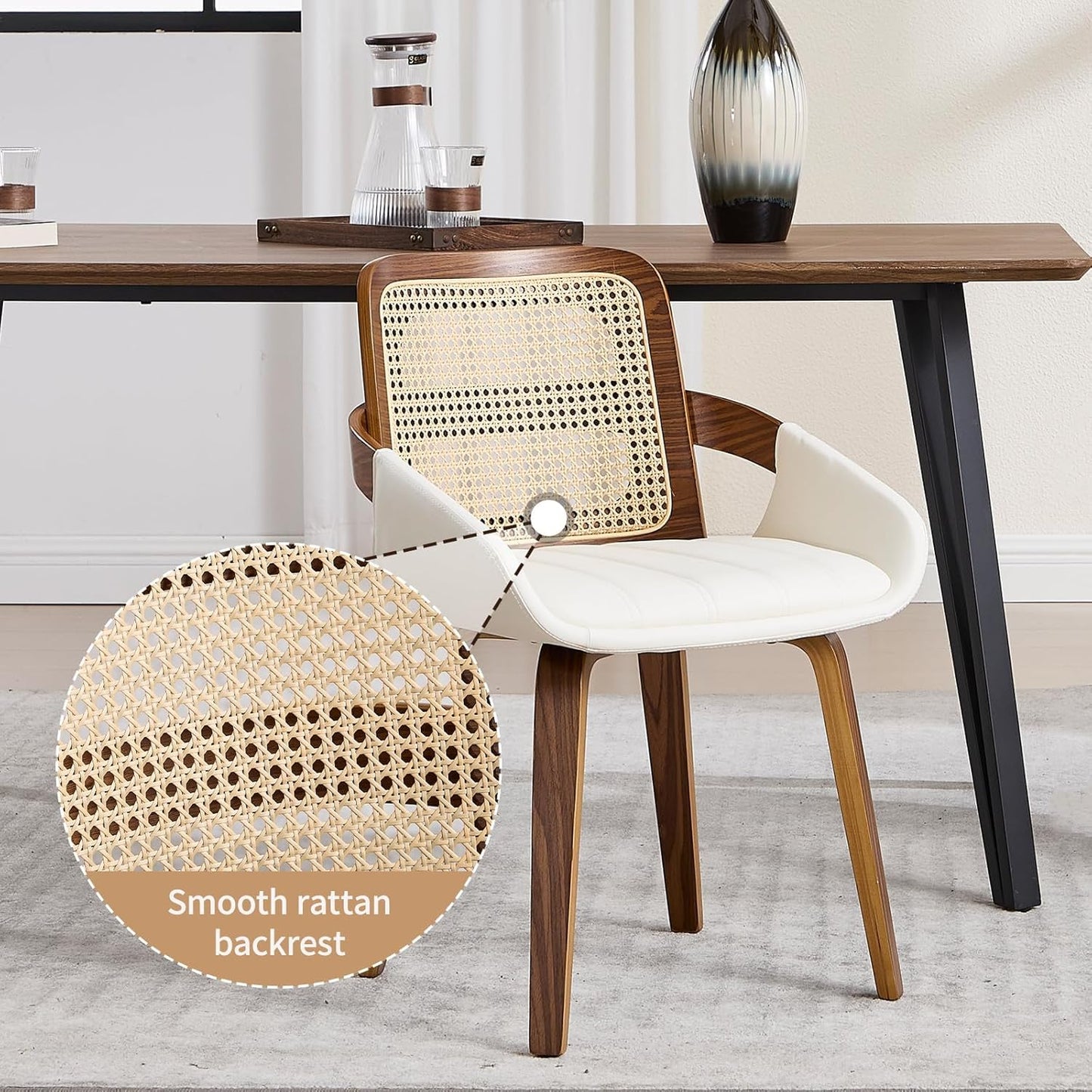 VipDesk Dining Chairs Set of 2, Mid Century Modern Dining Room Chairs with Arms and Rattan Back PU Leather Upholstered Bentwood Kitchen Chairs for Home Restaurant Office - Beige
