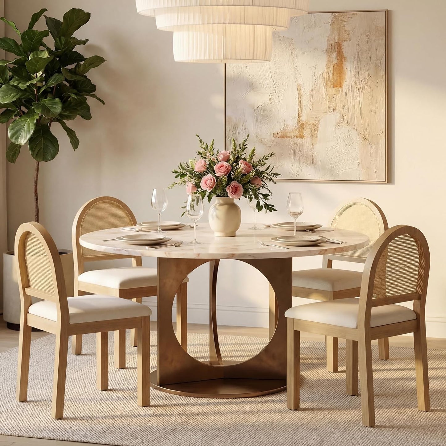 STHOUYN Upholstered Rattan Dining Chairs Set of 4, Farmhouse Solid Wood Dining Room Chair with Natural Rattan Woven Back and Chenille Seat, Mid-Century Modern Wooden Kitchen Chairs (4, Cream White)