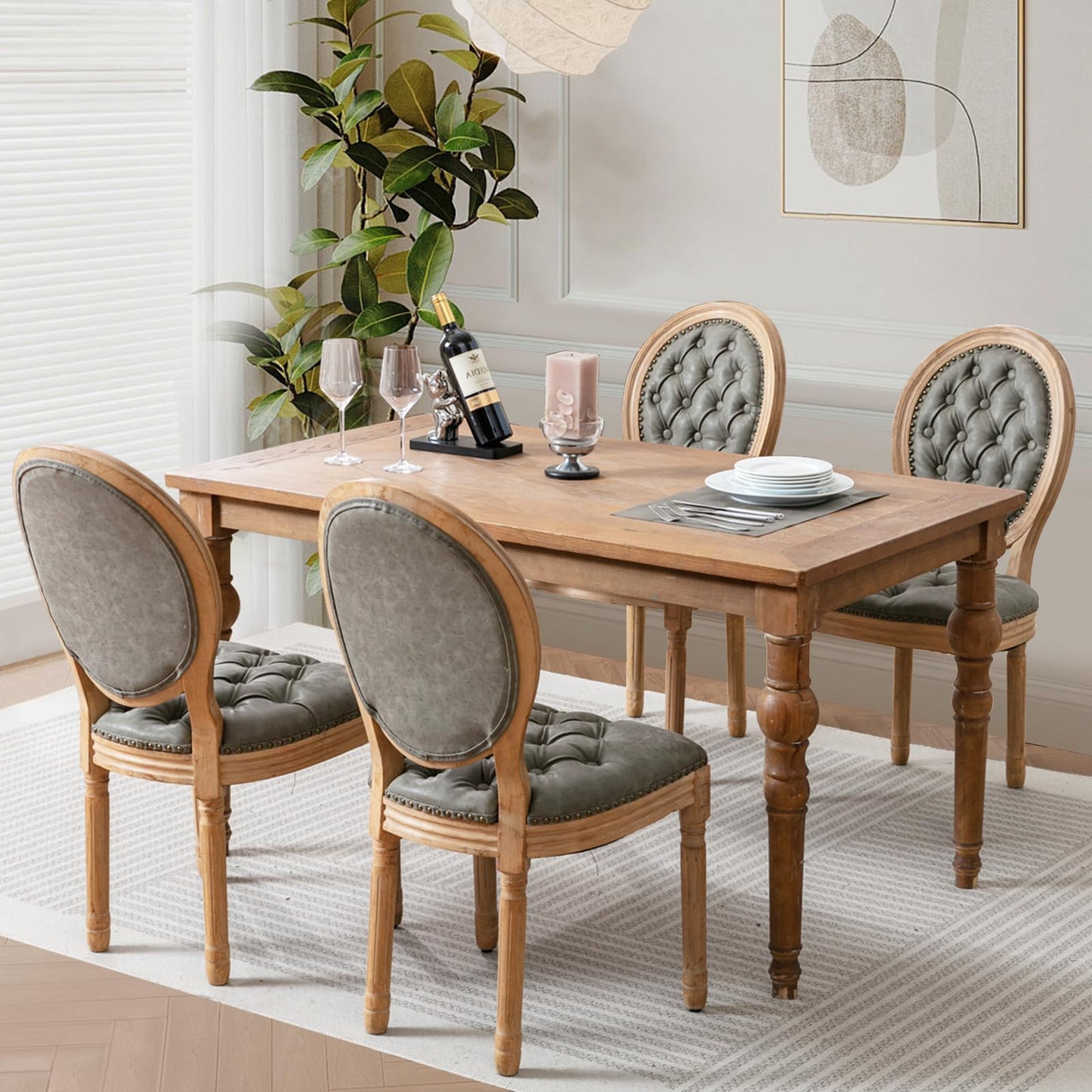 Rattan Dining Chairs Set of 4, French Country Cane Back Upholstered Kitchen Chairs, Solid Wood Farmhouse Side Chairs, Beige