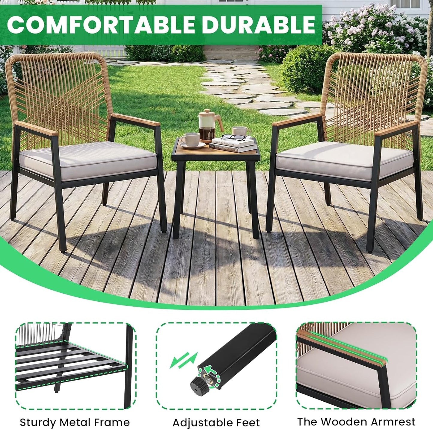 LIFERUN 3-Piece Patio Furniture Set, Outdoor Rattan Chairs with Table, Garden Set with 3.15in Thick Cushions, WPC Armrest, for Balcony, Backyard, Terrace, Beige