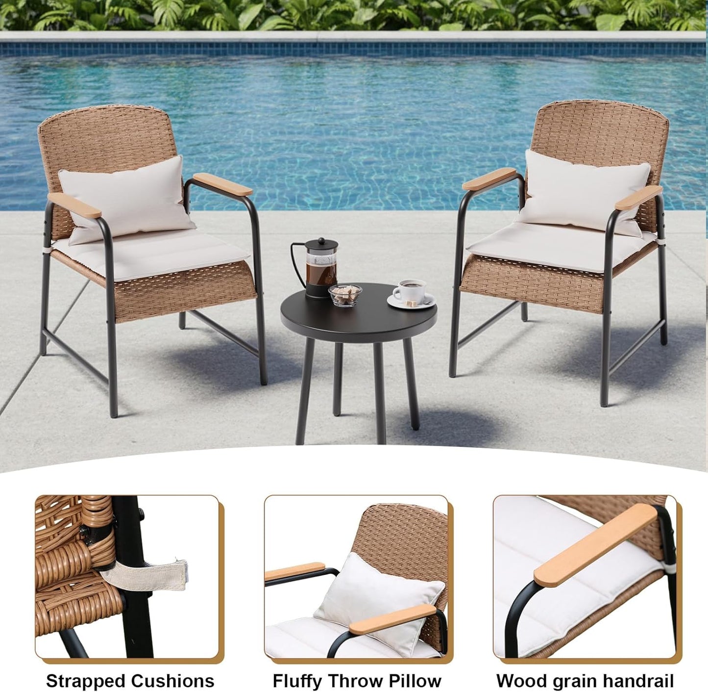 JOYURE 3 Pieces Outdoor Patio Furniture Set,All-Weather Wicker Rattan Bistro Set with Coffee Table and Cushions for Yard,Garden,Balcony,Beige